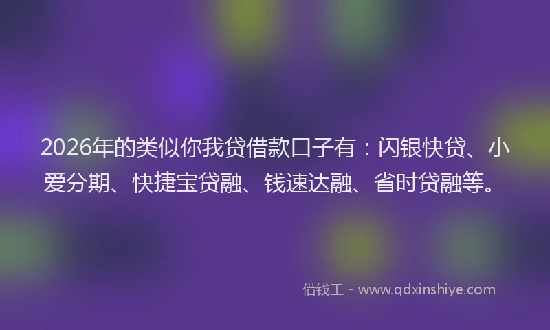 2026年的类似你我贷借款口子有：闪银快贷、小爱分期、快捷宝贷融、钱速达融、省时贷融等。