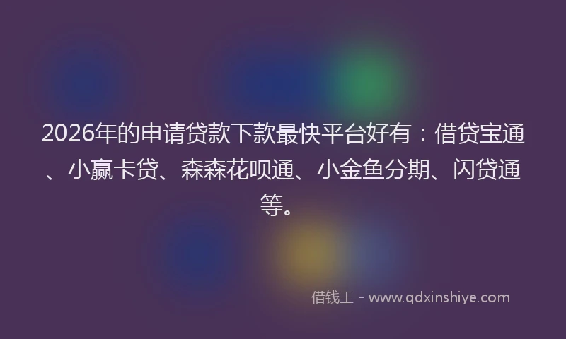 2026年的申请贷款下款最快平台好有：借贷宝通、小赢卡贷、森森花呗通、小金鱼分期、闪贷通等。