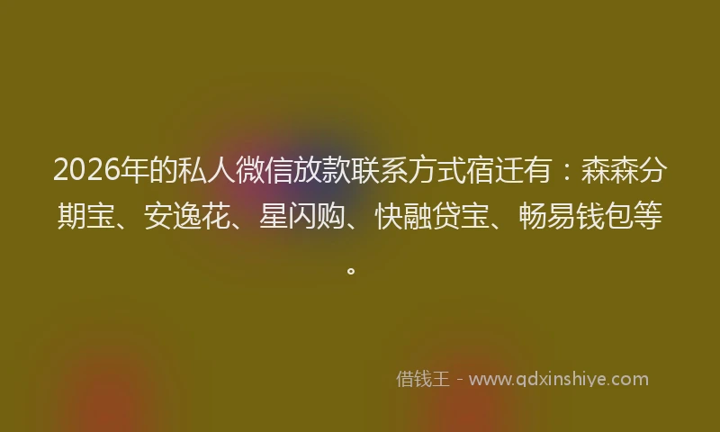 2026年的私人微信放款联系方式宿迁有：森森分期宝、安逸花、星闪购、快融贷宝、畅易钱包等。