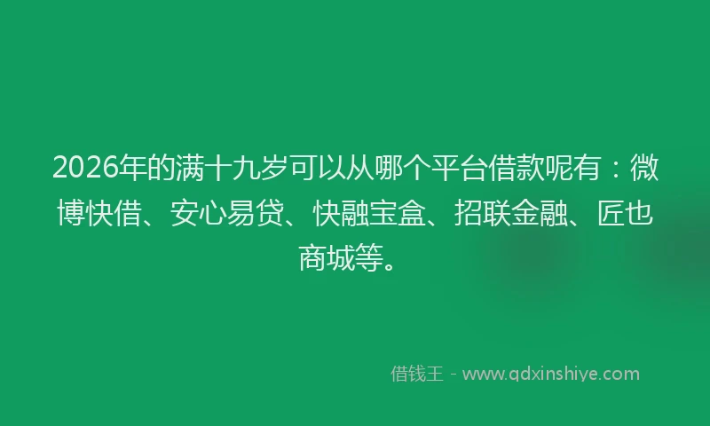 2026年的满十九岁可以从哪个平台借款呢有：微博快借、安心易贷、快融宝盒、招联金融、匠也商城等。