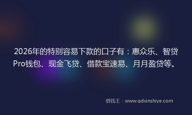 2026年的特别容易下款的口子有：惠众乐、智贷Pro钱包、现金飞贷、借款宝速易、月月盈贷等。
