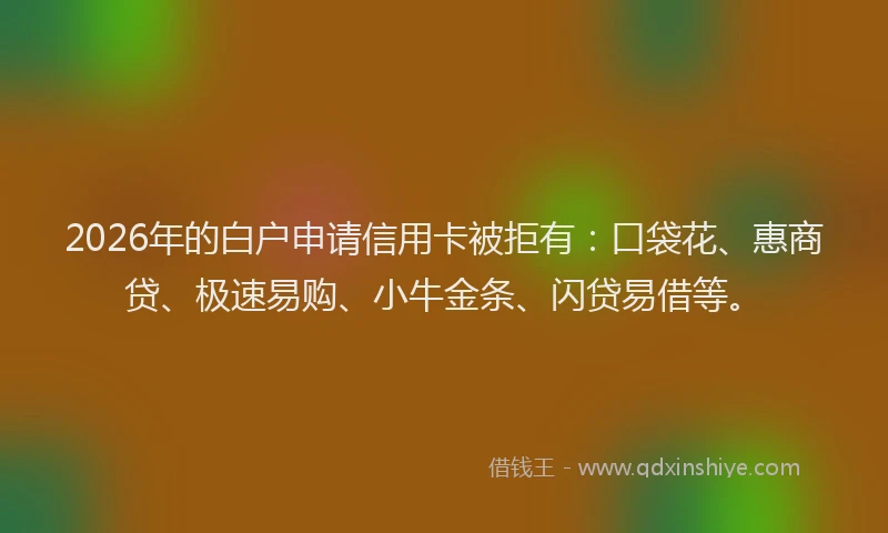 2026年的白户申请信用卡被拒有：口袋花、惠商贷、极速易购、小牛金条、闪贷易借等。