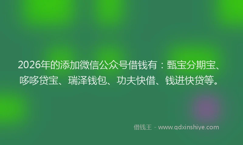 2026年的添加微信公众号借钱有：甄宝分期宝、哆哆贷宝、瑞泽钱包、功夫快借、钱进快贷等。