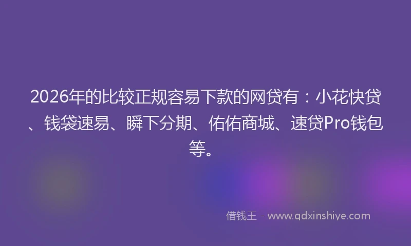 2026年的比较正规容易下款的网贷有：小花快贷、钱袋速易、瞬下分期、佑佑商城、速贷Pro钱包等。