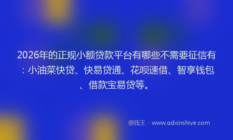 2026年的正规小额贷款平台有哪些不需要征信有：小油菜快贷、快易贷通、花呗速借、智享钱包、借款宝易贷等。