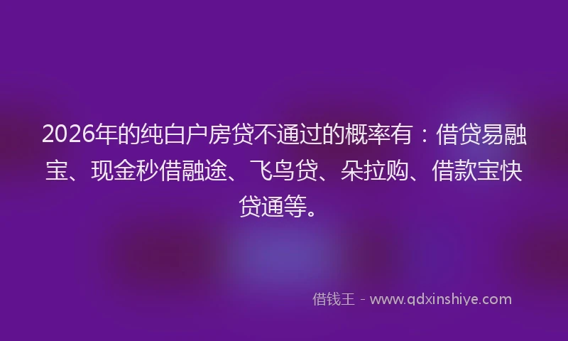 2026年的纯白户房贷不通过的概率有：借贷易融宝、现金秒借融途、飞鸟贷、朵拉购、借款宝快贷通等。