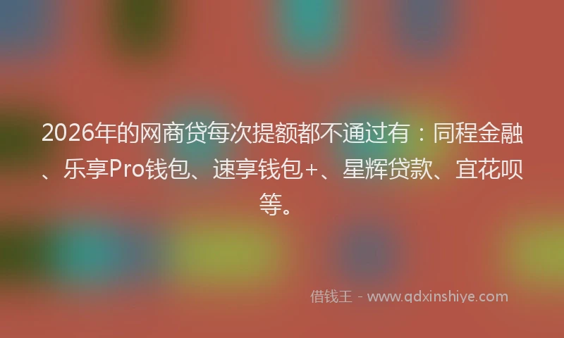 2026年的网商贷每次提额都不通过有：同程金融、乐享Pro钱包、速享钱包+、星辉贷款、宜花呗等。