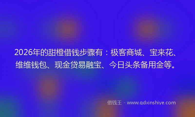 2026年的甜橙借钱步骤有：极客商城、宝来花、维维钱包、现金贷易融宝、今日头条备用金等。