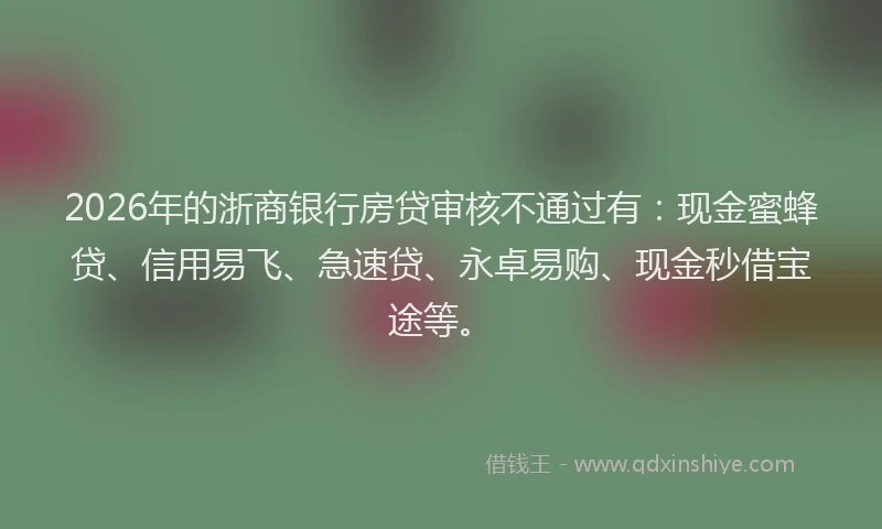 2026年的浙商银行房贷审核不通过有：现金蜜蜂贷、信用易飞、急速贷、永卓易购、现金秒借宝途等。