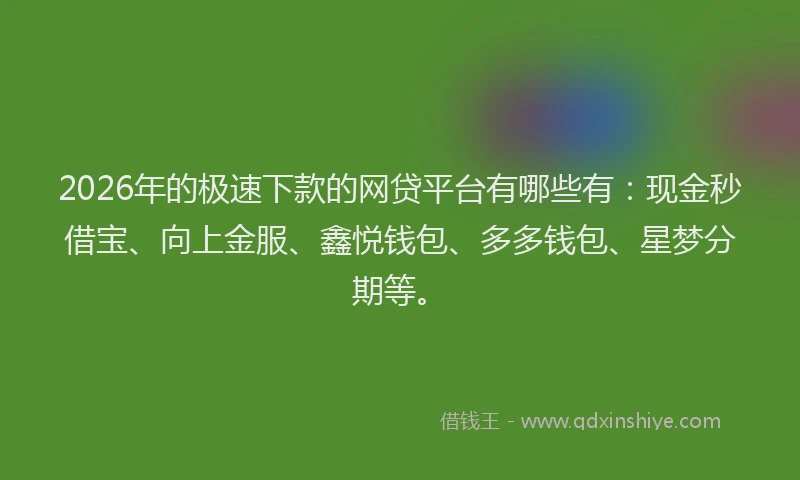 2026年的极速下款的网贷平台有哪些有：现金秒借宝、向上金服、鑫悦钱包、多多钱包、星梦分期等。