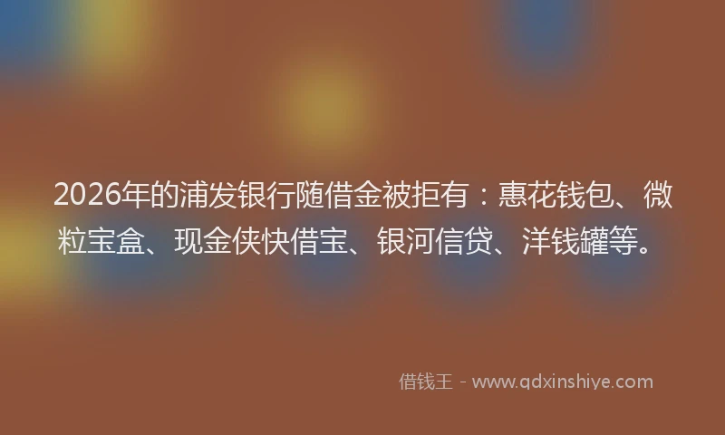 2026年的浦发银行随借金被拒有：惠花钱包、微粒宝盒、现金侠快借宝、银河信贷、洋钱罐等。