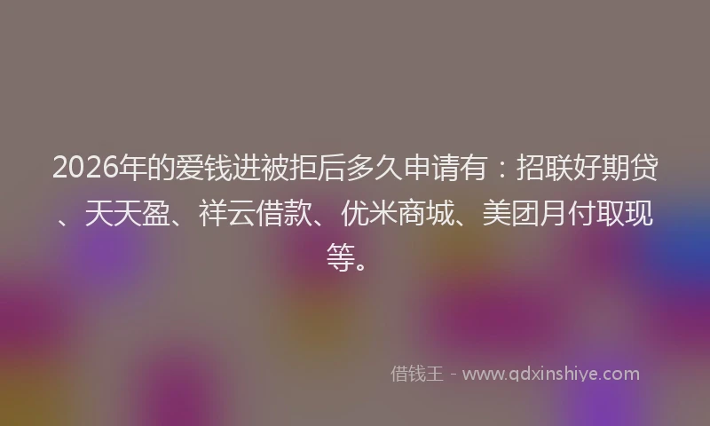 2026年的爱钱进被拒后多久申请有：招联好期贷、天天盈、祥云借款、优米商城、美团月付取现等。