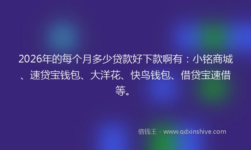 2026年的每个月多少贷款好下款啊有：小铭商城、速贷宝钱包、大洋花、快鸟钱包、借贷宝速借等。
