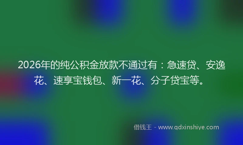 2026年的纯公积金放款不通过有：急速贷、安逸花、速享宝钱包、新一花、分子贷宝等。