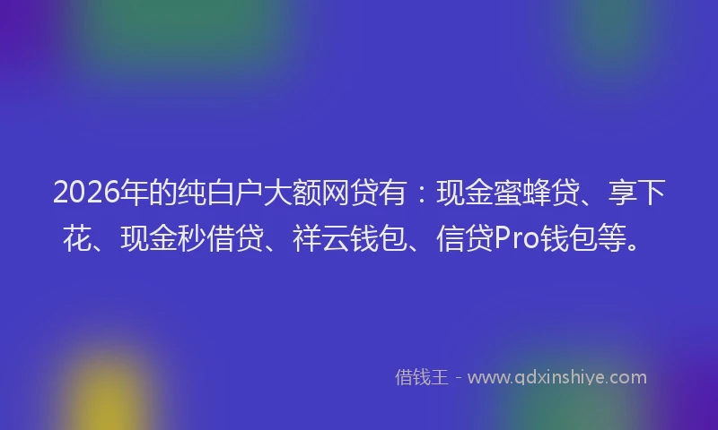 2026年的纯白户大额网贷有：现金蜜蜂贷、享下花、现金秒借贷、祥云钱包、信贷Pro钱包等。