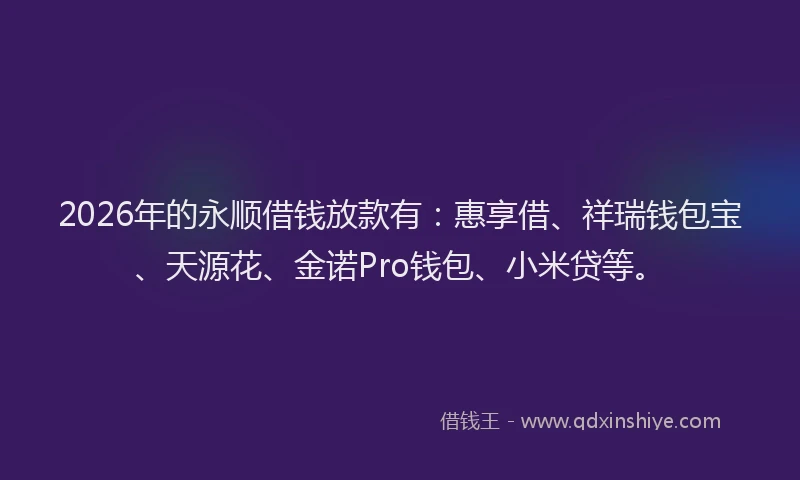 2026年的永顺借钱放款有：惠享借、祥瑞钱包宝、天源花、金诺Pro钱包、小米贷等。