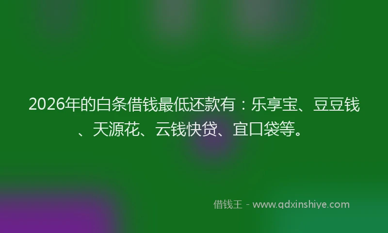 2026年的白条借钱最低还款有：乐享宝、豆豆钱、天源花、云钱快贷、宜口袋等。