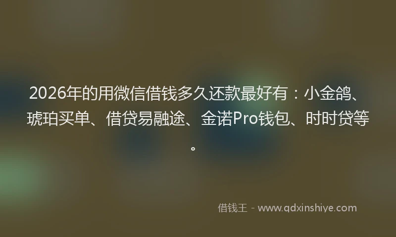 2026年的用微信借钱多久还款最好有：小金鸽、琥珀买单、借贷易融途、金诺Pro钱包、时时贷等。