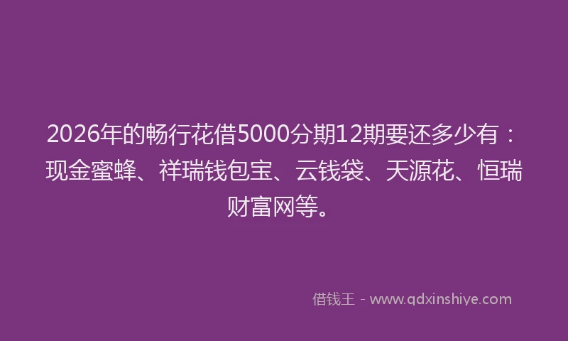 2026年的畅行花借5000分期12期要还多少有：现金蜜蜂、祥瑞钱包宝、云钱袋、天源花、恒瑞财富网等。