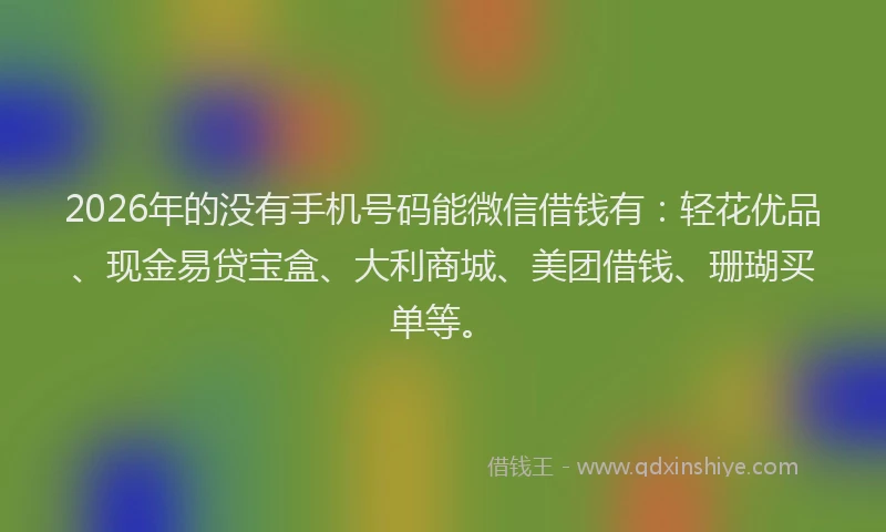 2026年的没有手机号码能微信借钱有：轻花优品、现金易贷宝盒、大利商城、美团借钱、珊瑚买单等。