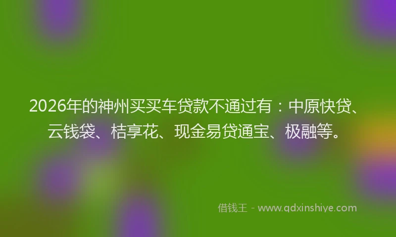 2026年的神州买买车贷款不通过有：中原快贷、云钱袋、桔享花、现金易贷通宝、极融等。