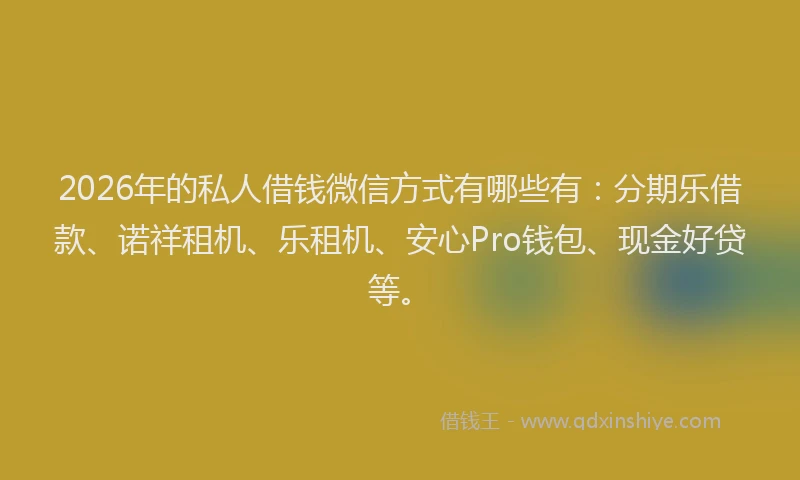 2026年的私人借钱微信方式有哪些有：分期乐借款、诺祥租机、乐租机、安心Pro钱包、现金好贷等。