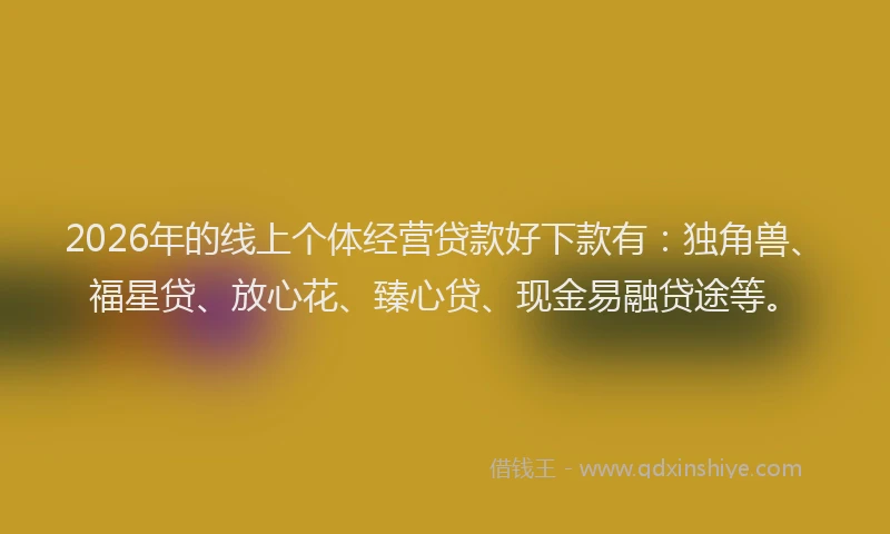 2026年的线上个体经营贷款好下款有：独角兽、福星贷、放心花、臻心贷、现金易融贷途等。