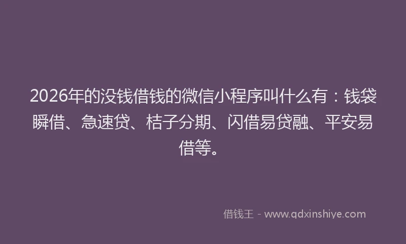 2026年的没钱借钱的微信小程序叫什么有：钱袋瞬借、急速贷、桔子分期、闪借易贷融、平安易借等。