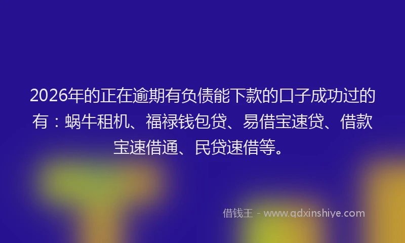 2026年的正在逾期有负债能下款的口子成功过的有：蜗牛租机、福禄钱包贷、易借宝速贷、借款宝速借通、民贷速借等。
