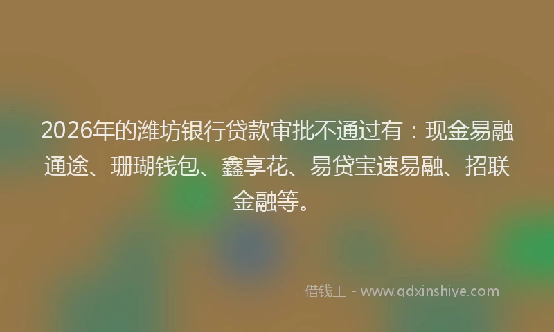 2026年的潍坊银行贷款审批不通过有：现金易融通途、珊瑚钱包、鑫享花、易贷宝速易融、招联金融等。
