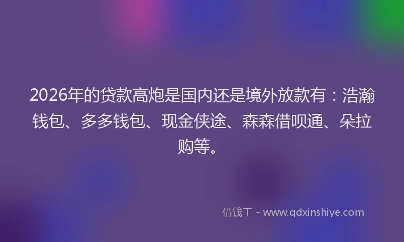 2026年的贷款高炮是国内还是境外放款有：浩瀚钱包、多多钱包、现金侠途、森森借呗通、朵拉购等。