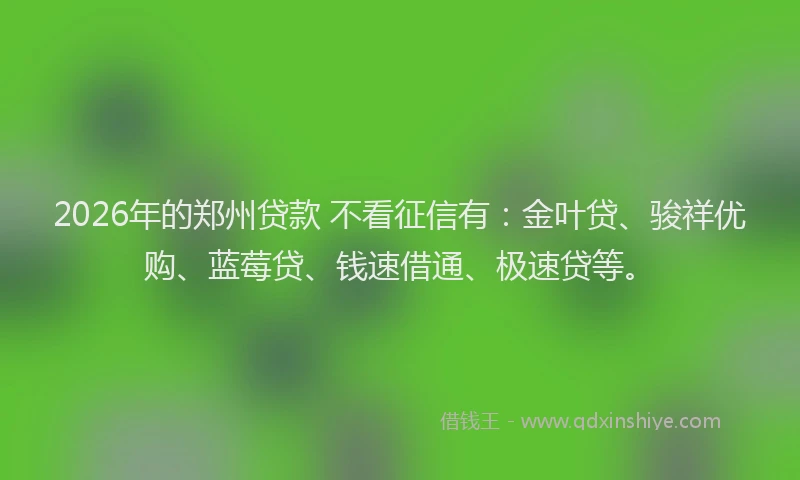 2026年的郑州贷款 不看征信有：金叶贷、骏祥优购、蓝莓贷、钱速借通、极速贷等。