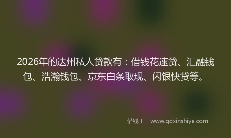 2026年的达州私人贷款有：借钱花速贷、汇融钱包、浩瀚钱包、京东白条取现、闪银快贷等。