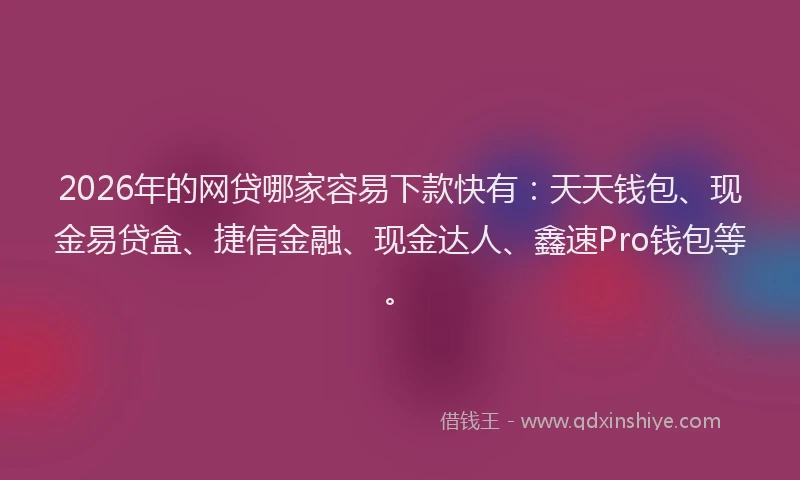 2026年的网贷哪家容易下款快有：天天钱包、现金易贷盒、捷信金融、现金达人、鑫速Pro钱包等。