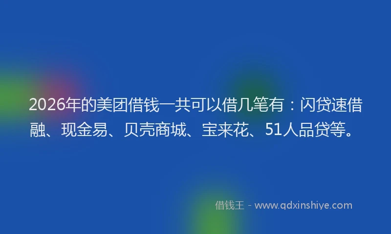 2026年的美团借钱一共可以借几笔有：闪贷速借融、现金易、贝壳商城、宝来花、51人品贷等。