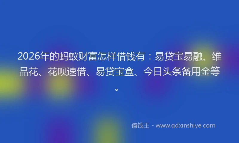 2026年的蚂蚁财富怎样借钱有：易贷宝易融、维品花、花呗速借、易贷宝盒、今日头条备用金等。