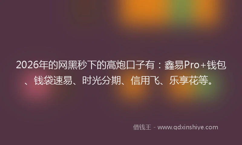 2026年的网黑秒下的高炮口子有：鑫易Pro+钱包、钱袋速易、时光分期、信用飞、乐享花等。