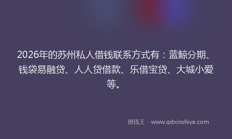 2026年的苏州私人借钱联系方式有：蓝鲸分期、钱袋易融贷、人人贷借款、乐借宝贷、大城小爱等。