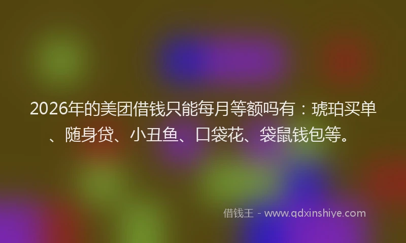 2026年的美团借钱只能每月等额吗有：琥珀买单、随身贷、小丑鱼、口袋花、袋鼠钱包等。