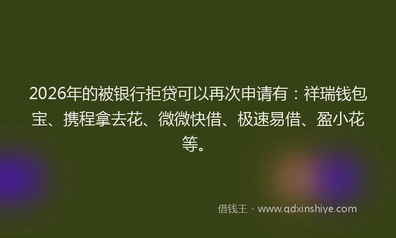 2026年的被银行拒贷可以再次申请有：祥瑞钱包宝、携程拿去花、微微快借、极速易借、盈小花等。