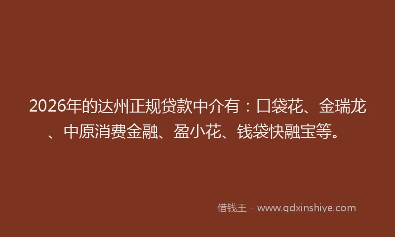 2026年的达州正规贷款中介有：口袋花、金瑞龙、中原消费金融、盈小花、钱袋快融宝等。