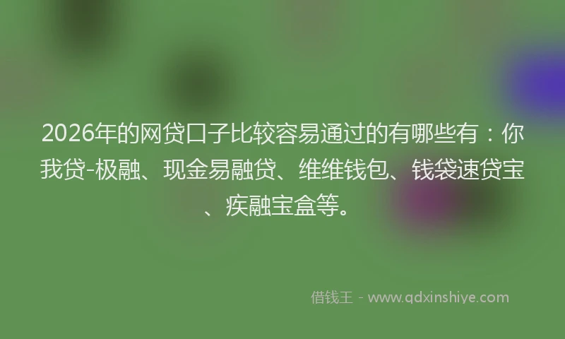2026年的网贷口子比较容易通过的有哪些有：你我贷-极融、现金易融贷、维维钱包、钱袋速贷宝、疾融宝盒等。