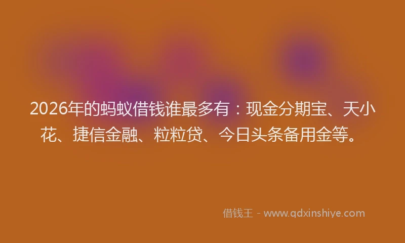 2026年的蚂蚁借钱谁最多有：现金分期宝、天小花、捷信金融、粒粒贷、今日头条备用金等。