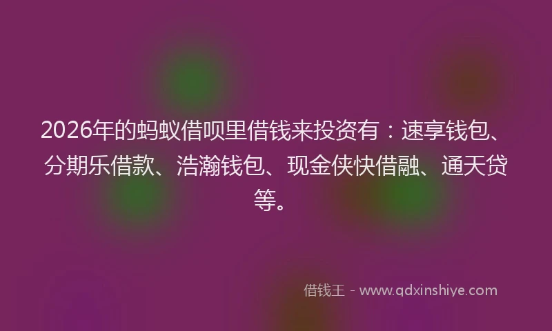 2026年的蚂蚁借呗里借钱来投资有：速享钱包、分期乐借款、浩瀚钱包、现金侠快借融、通天贷等。
