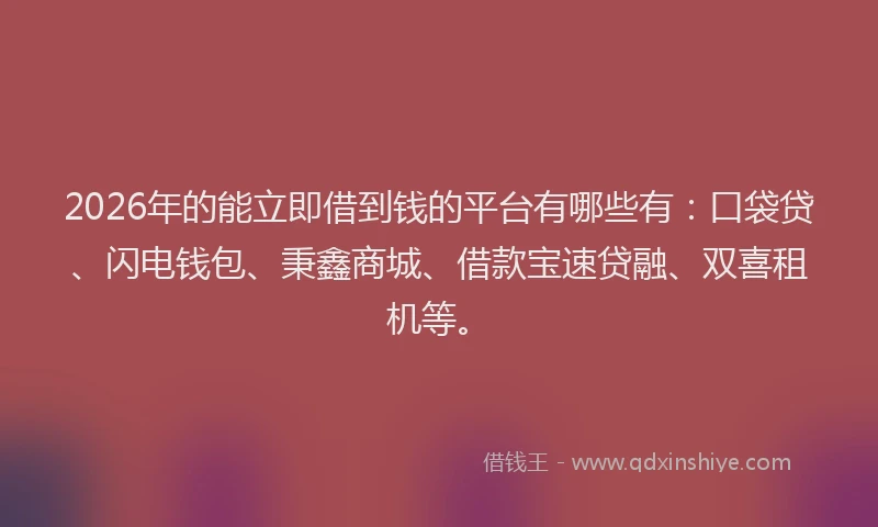 2026年的能立即借到钱的平台有哪些有：口袋贷、闪电钱包、秉鑫商城、借款宝速贷融、双喜租机等。