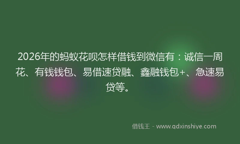 2026年的蚂蚁花呗怎样借钱到微信有：诚信一周花、有钱钱包、易借速贷融、鑫融钱包+、急速易贷等。