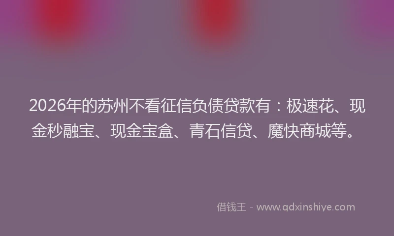 2026年的苏州不看征信负债贷款有：极速花、现金秒融宝、现金宝盒、青石信贷、魔快商城等。