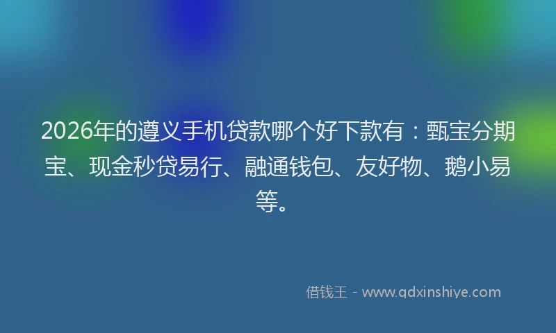 2026年的遵义手机贷款哪个好下款有：甄宝分期宝、现金秒贷易行、融通钱包、友好物、鹅小易等。