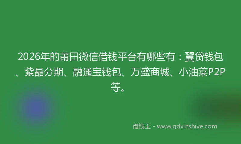 2026年的莆田微信借钱平台有哪些有：翼贷钱包、紫晶分期、融通宝钱包、万盛商城、小油菜P2P等。