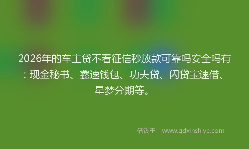 2026年的车主贷不看征信秒放款可靠吗安全吗有：现金秘书、鑫速钱包、功夫贷、闪贷宝速借、星梦分期等。